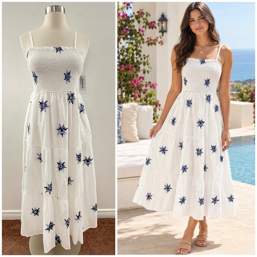 Anthro Kindred Embroidered Sun Dress Large Midaxi Smocked Tiered Cotton NEW
